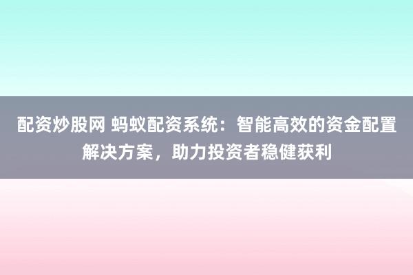 配资炒股网 蚂蚁配资系统：智能高效的资金配置解决方案，助力投资者稳健获利